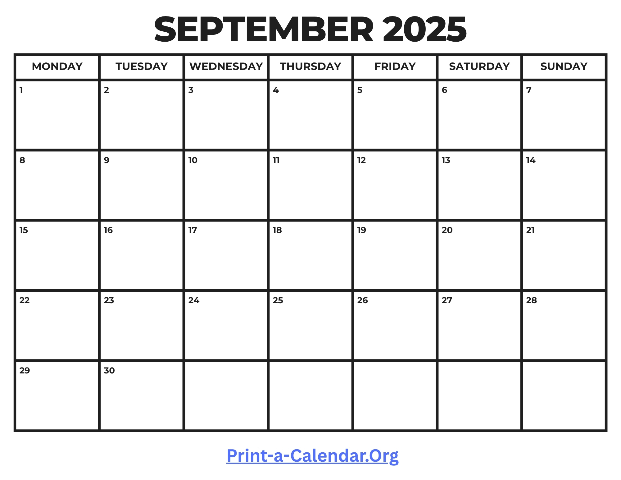 Free Printable September Calendar 2025 - Starts on Monday