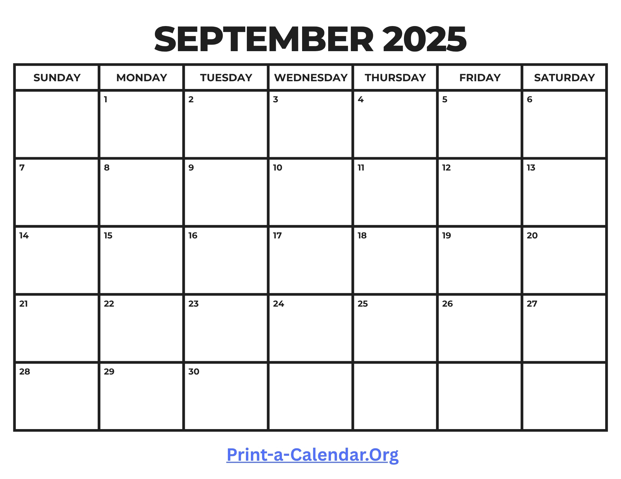 Free Printable September Calendar 2025 - Starts on Sunday