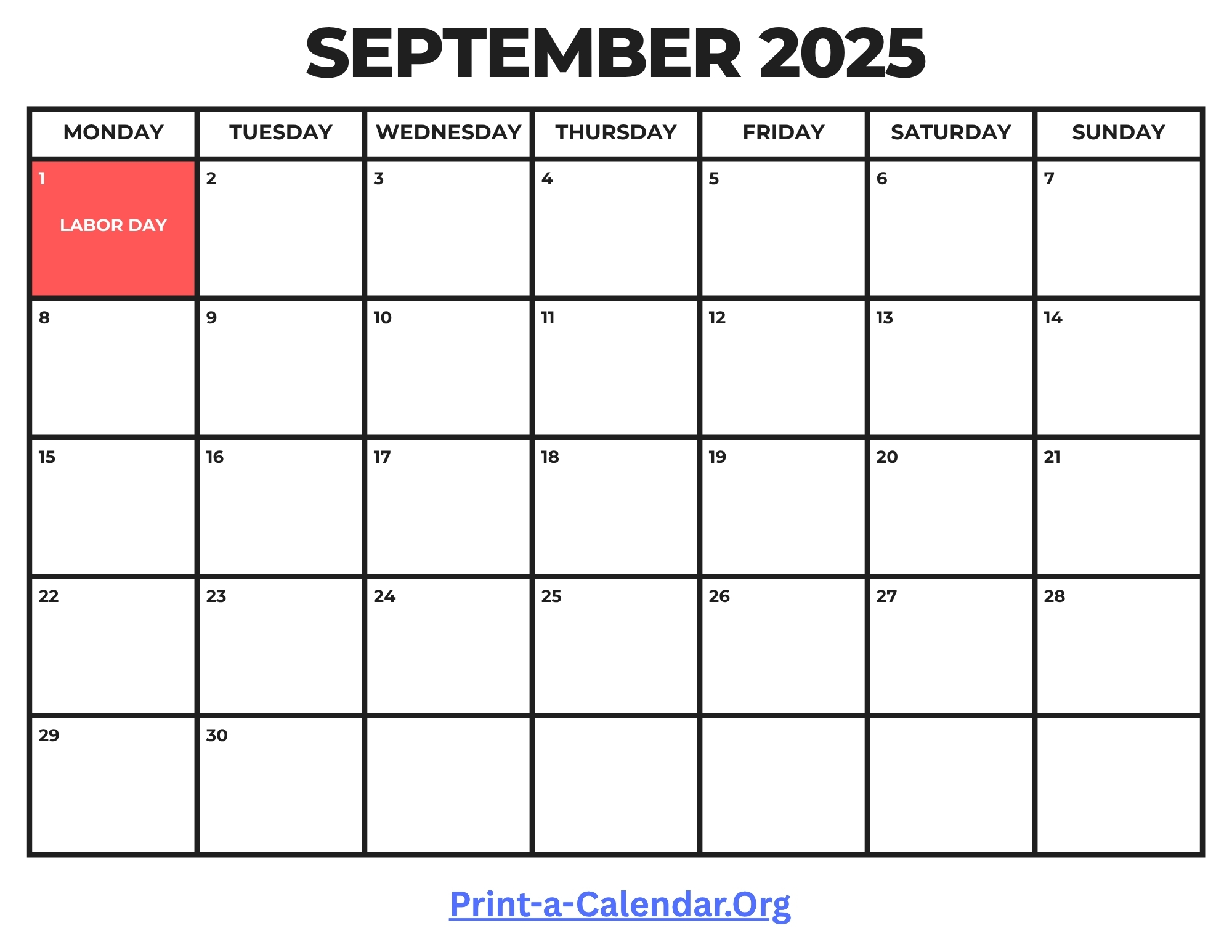 Free Printable September Calendar 2025 with Holidays - Monday Start