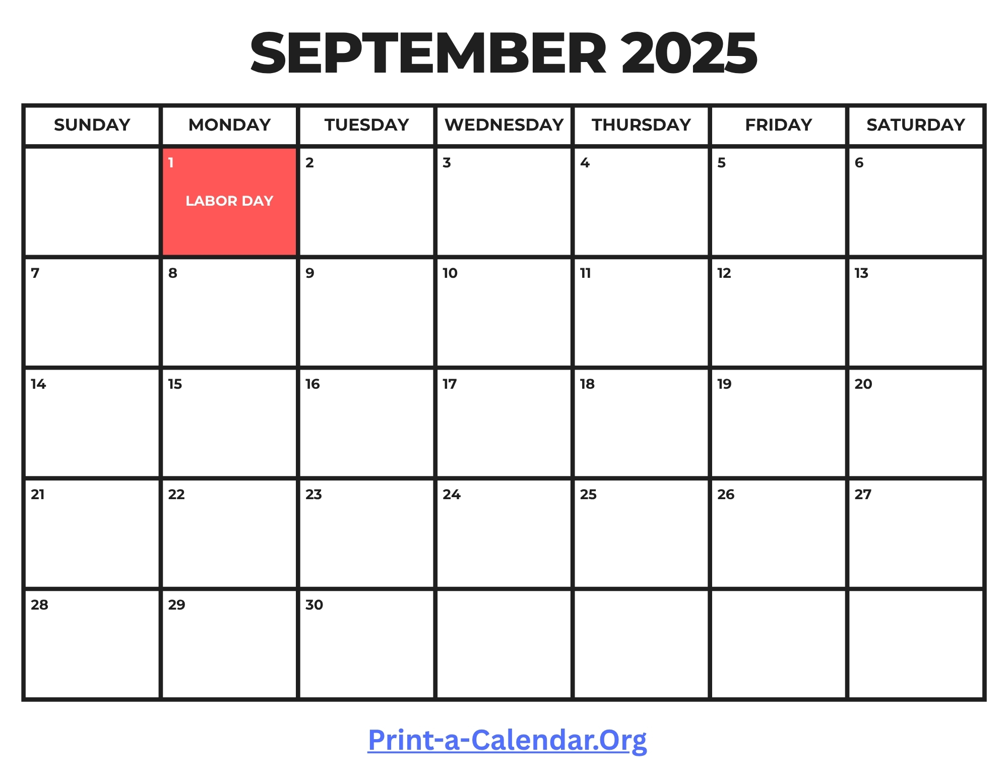 Free Printable September Calendar 2025 with Holidays - Sunday Start