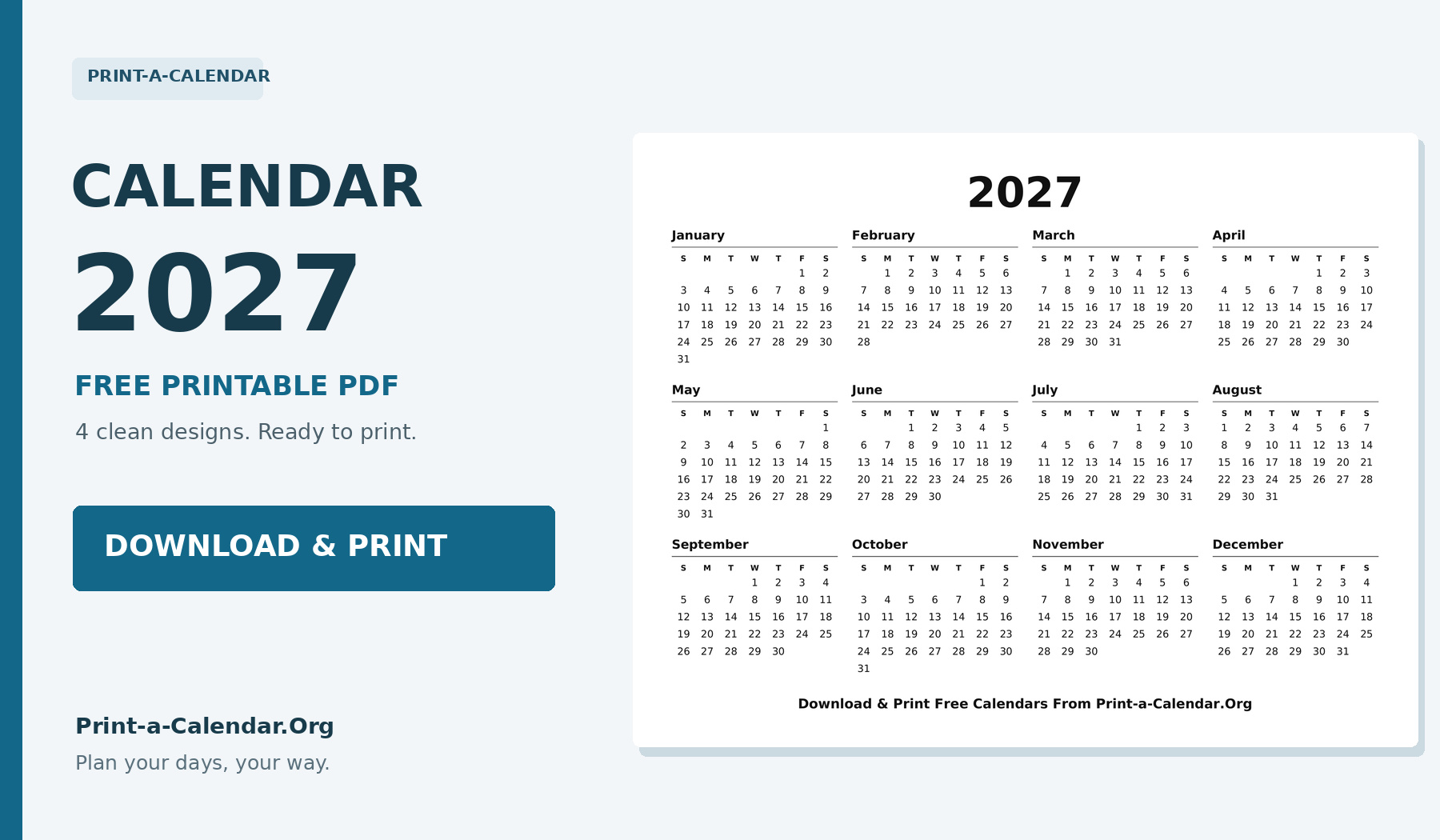 Free Printable Calendars 2026 and 2027