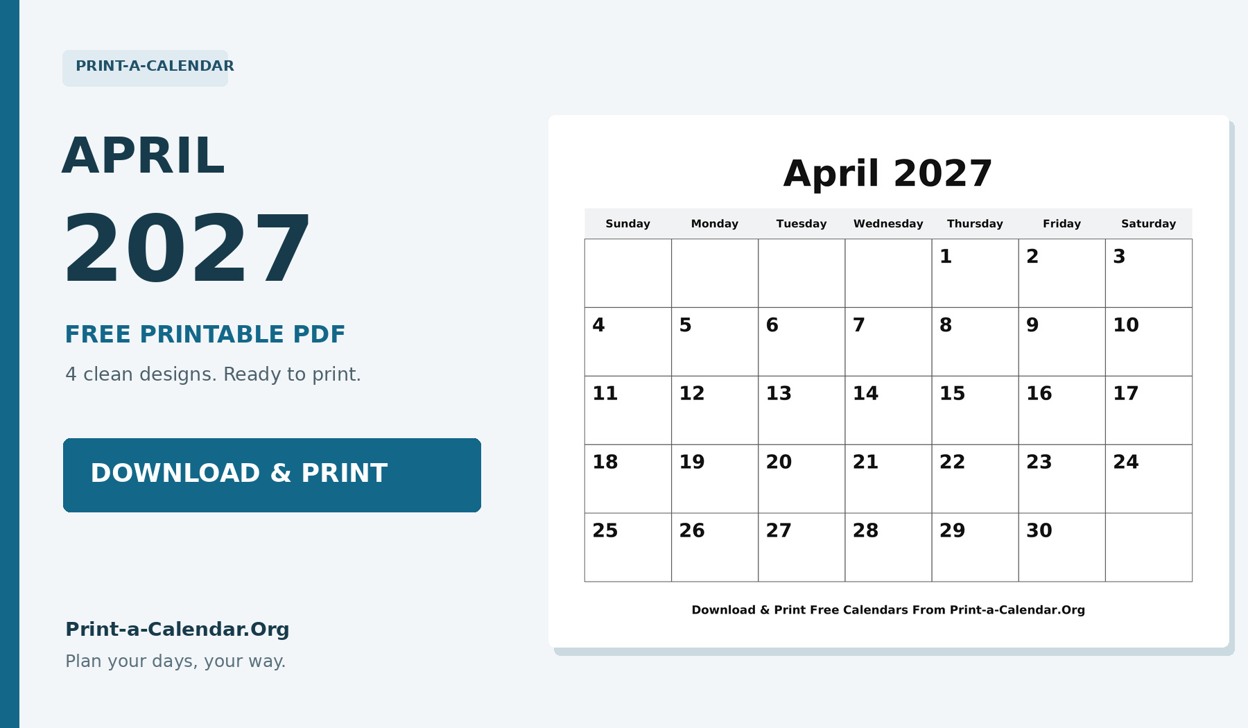 April 2027 Calendar Printable - Download and Print Free PDF