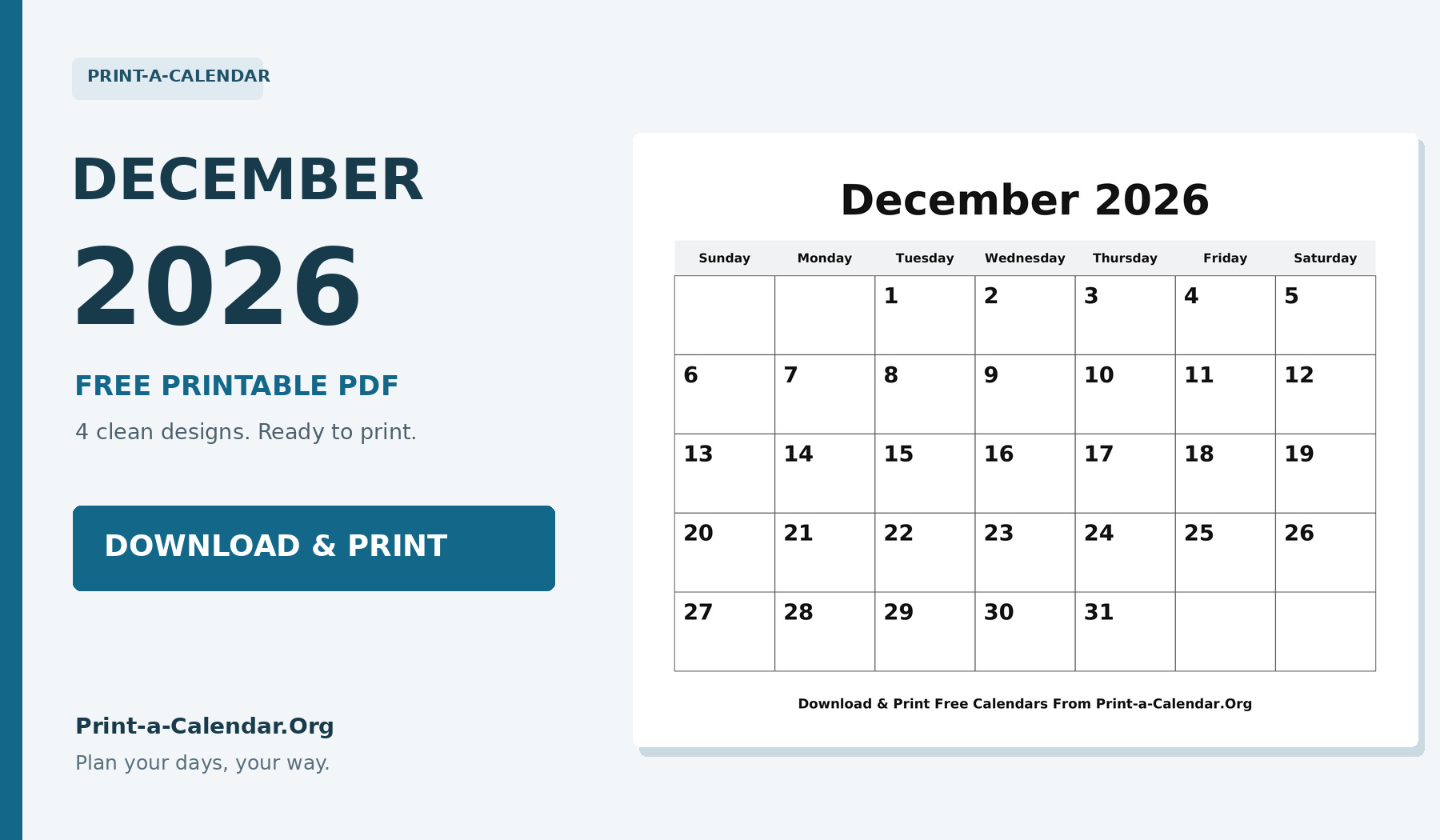 Free December 2026 printable calendar - Download and Print
