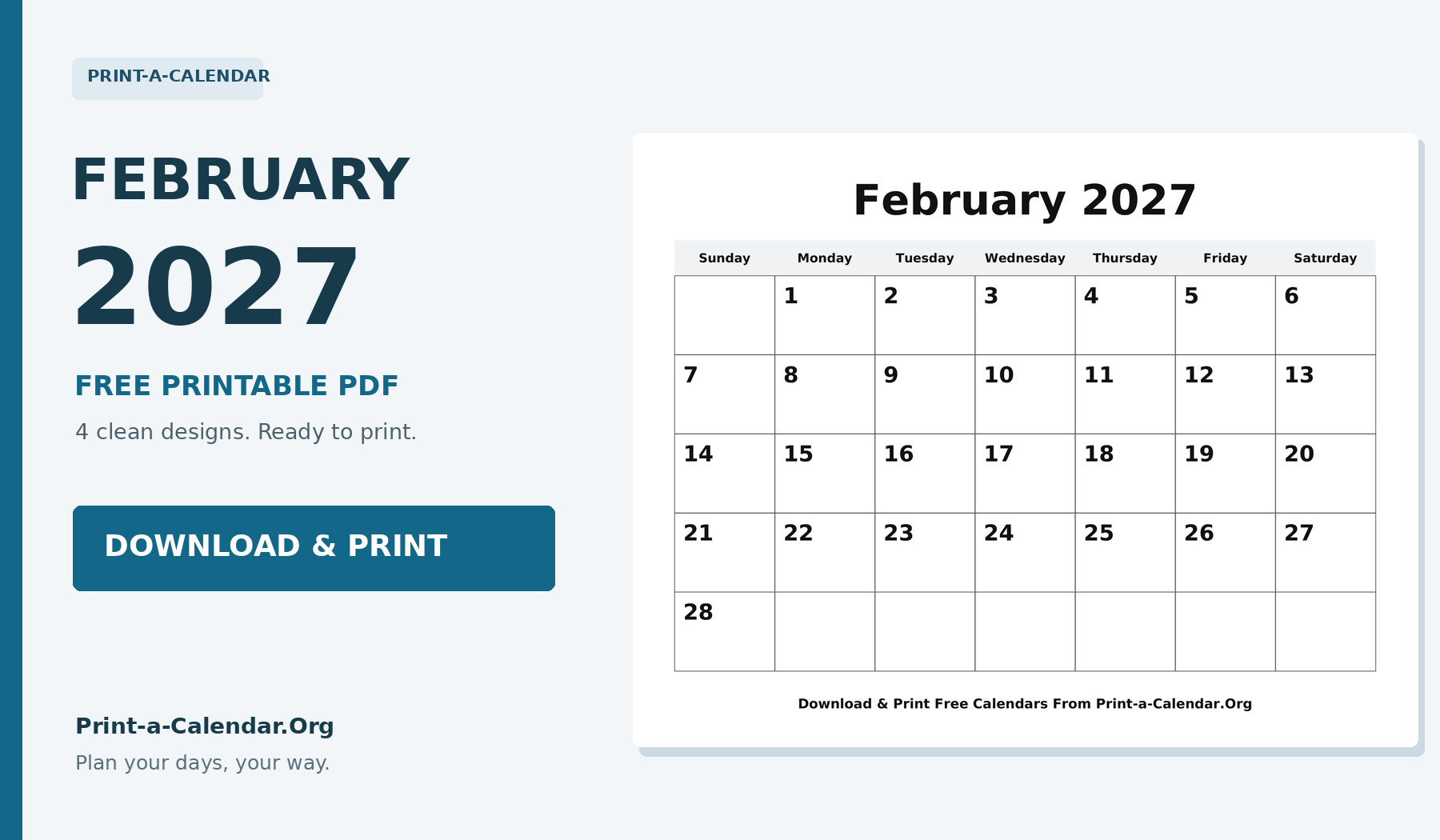 February 2027 printable calendar - Download and Print