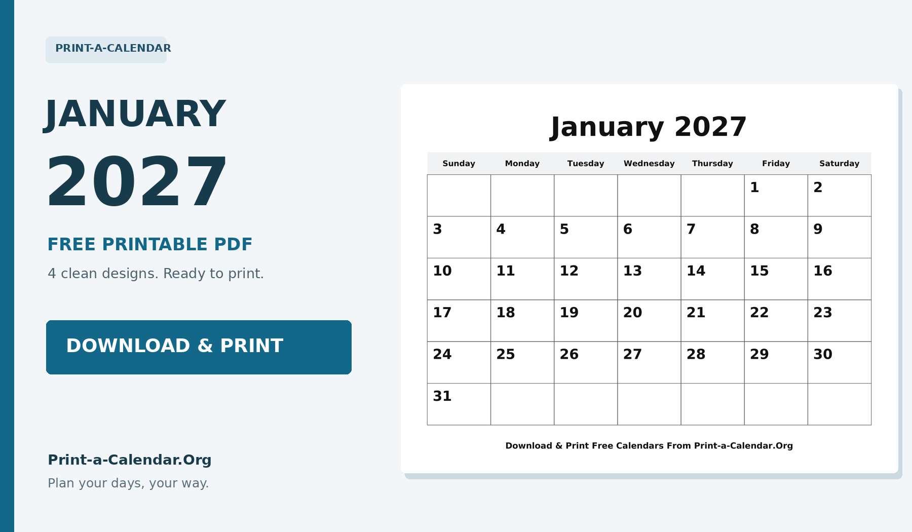 January 2027 printable calendar - Download and Print