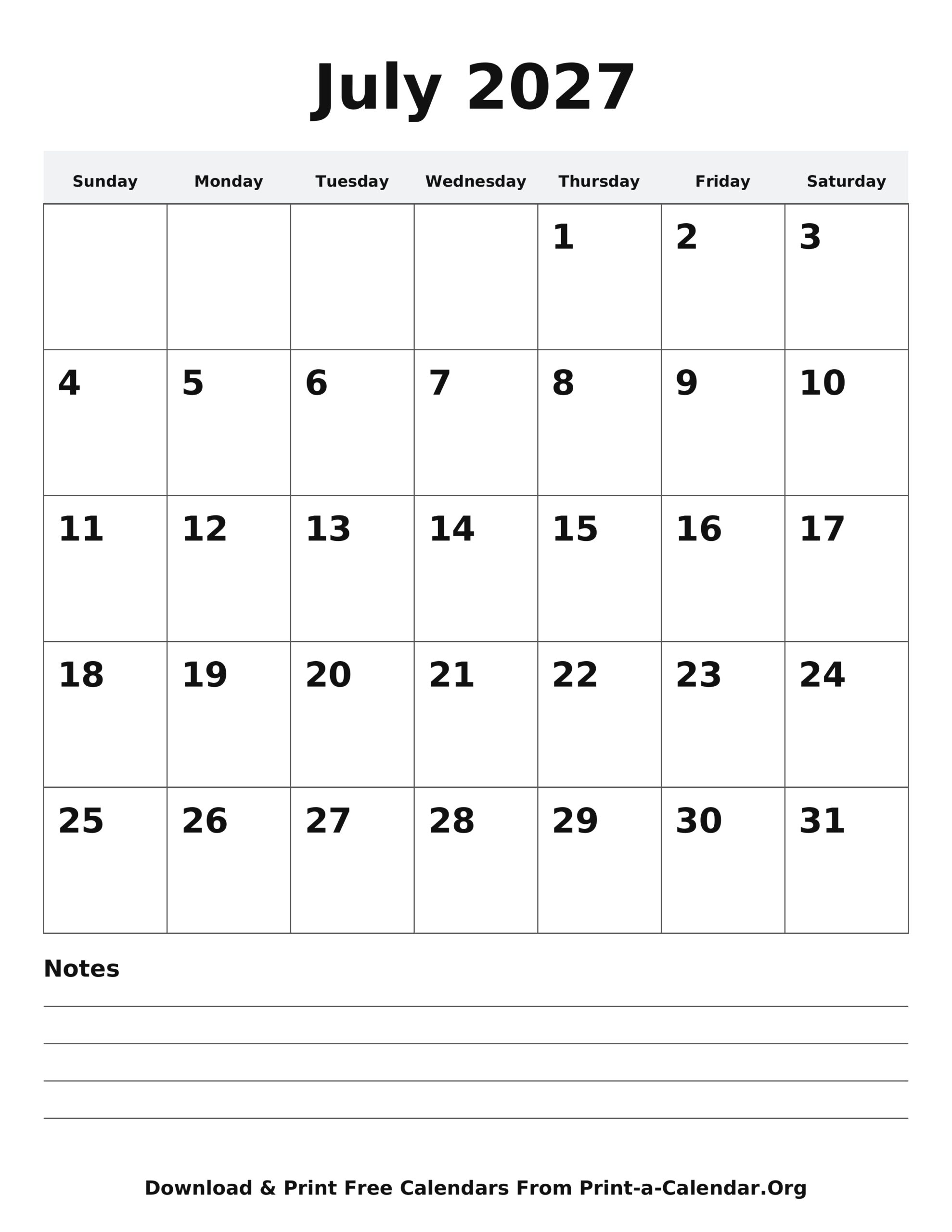 July 2027 calendar printable - blank calendar with notes