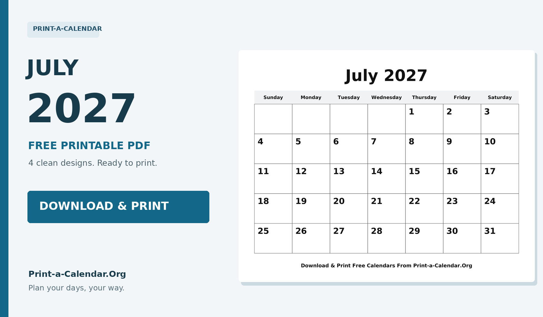 July 2027 Calendar Printable - Download and Print Free PDF