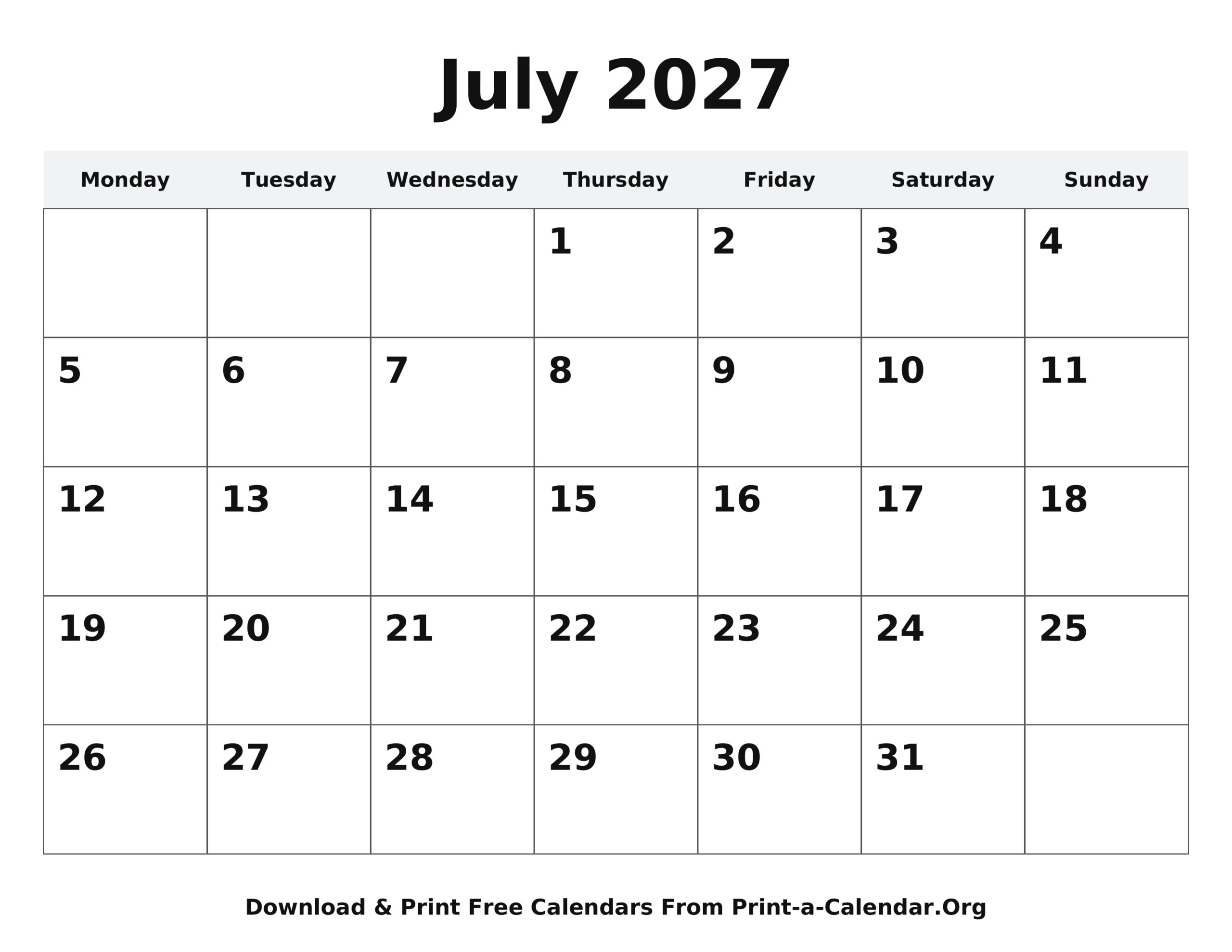 July 2027 calendar printable - Monday start