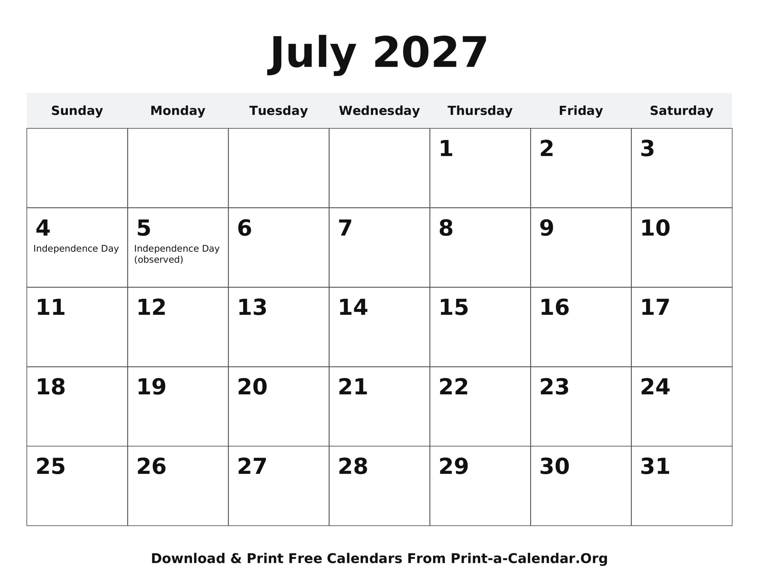 July 2027 calendar printable - U.S. holidays