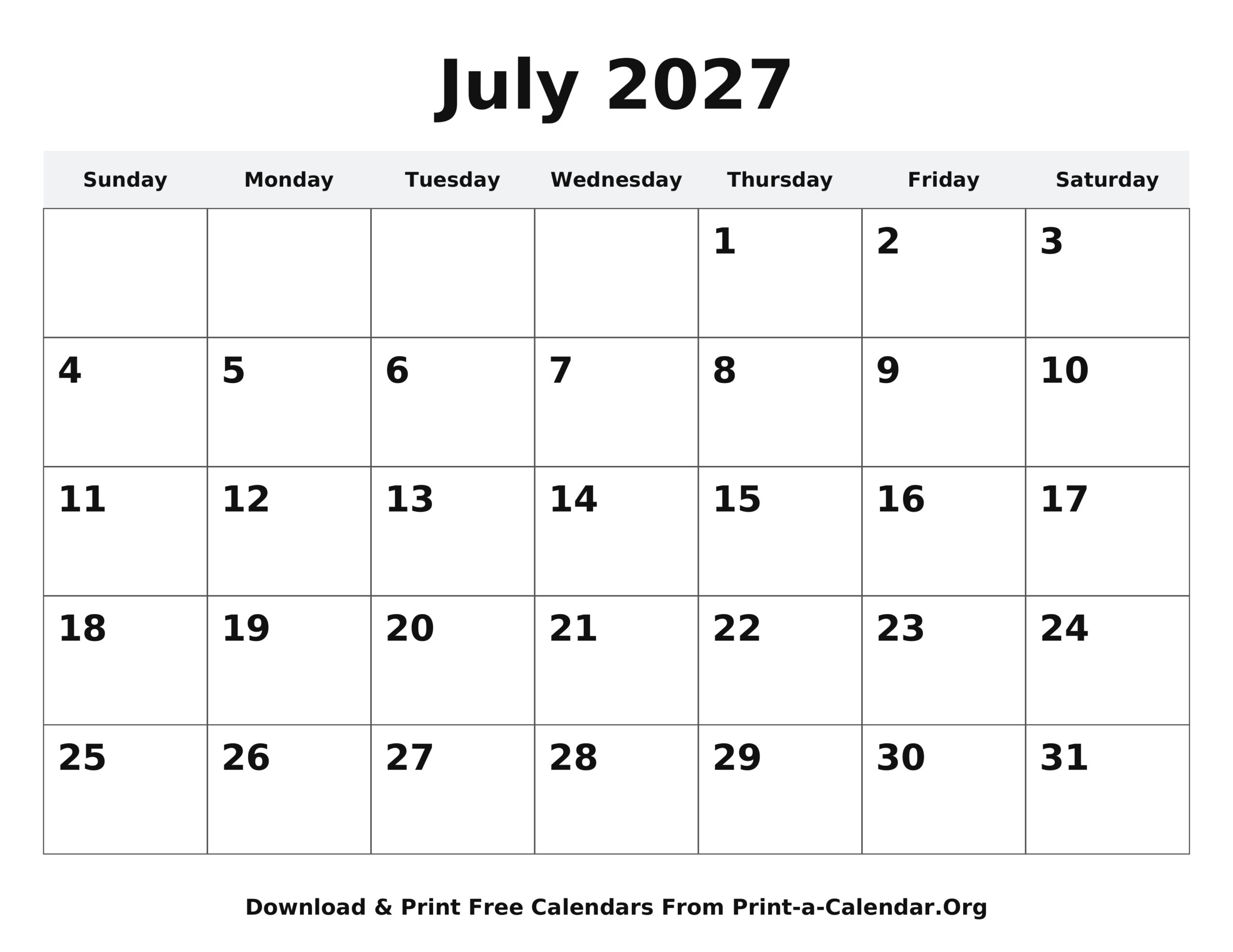 July 2027 calendar printable - simple calendar template