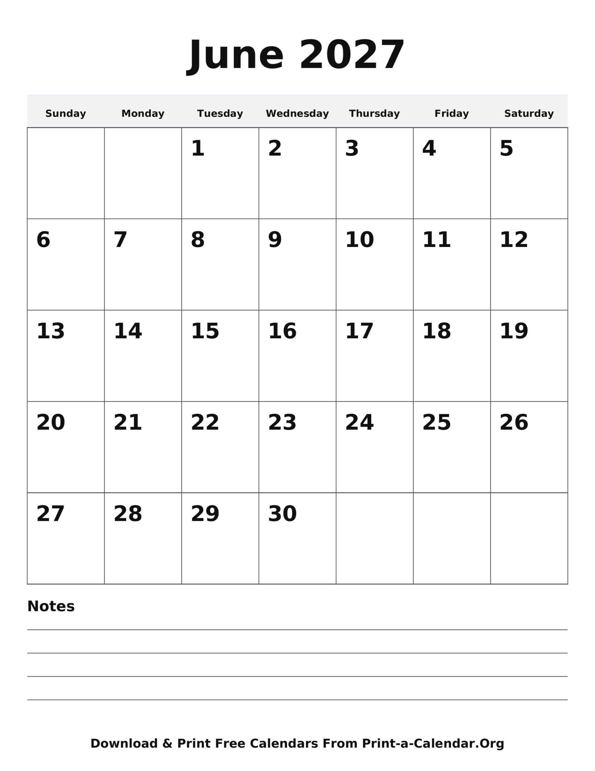 June 2027 calendar printable - blank calendar with notes