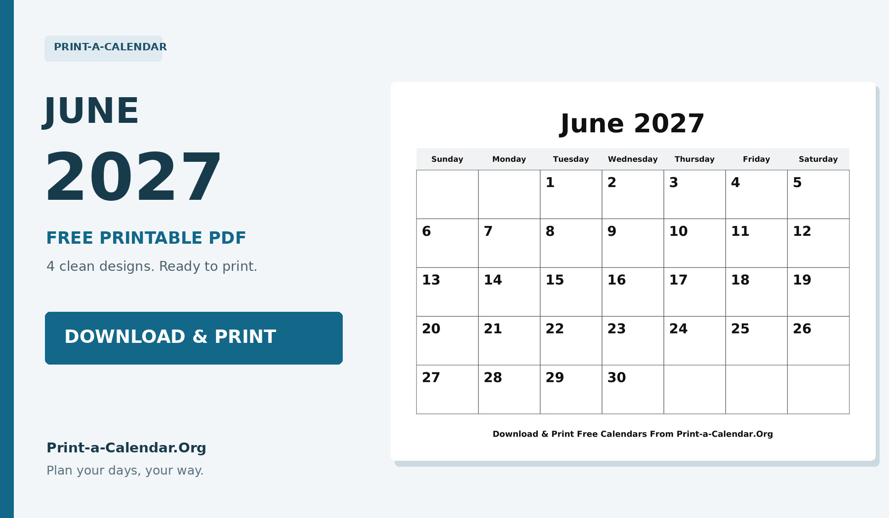 June 2027 Calendar Printable - Download and Print Free PDF
