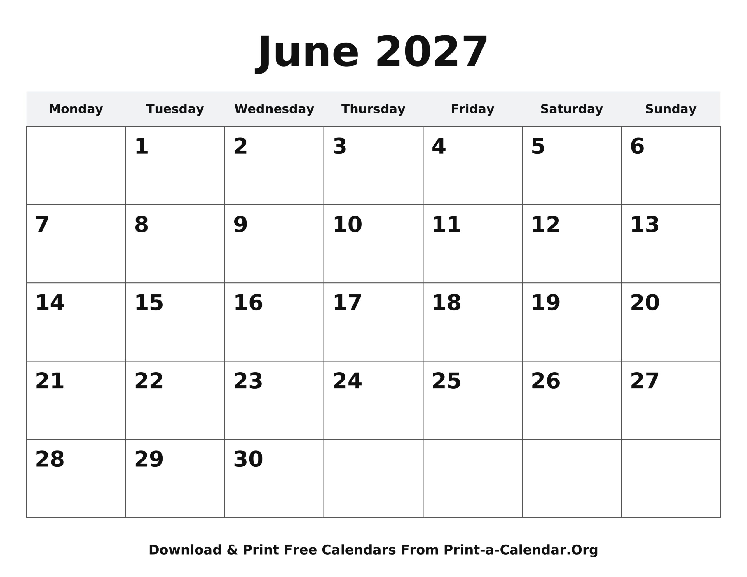 June 2027 calendar printable - Monday start