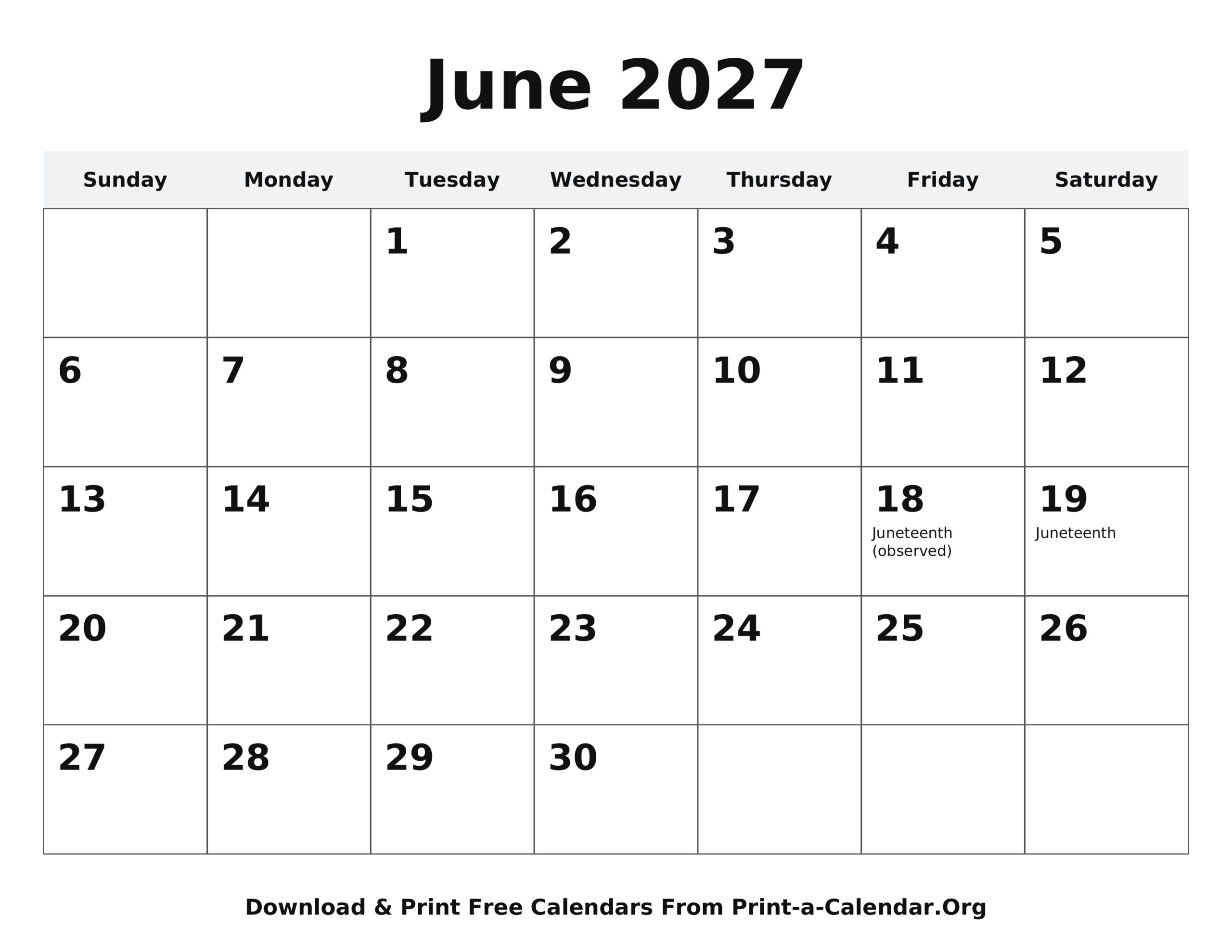 June 2027 calendar printable - U.S. holidays
