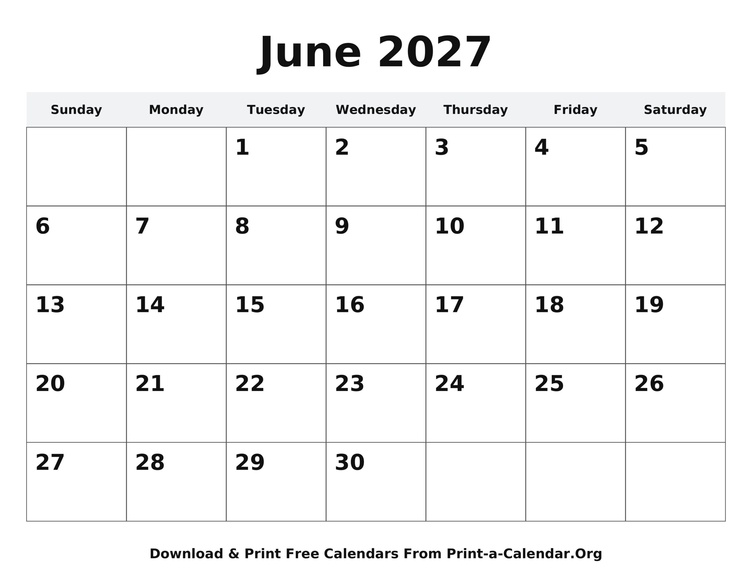 June 2027 calendar printable - simple calendar template