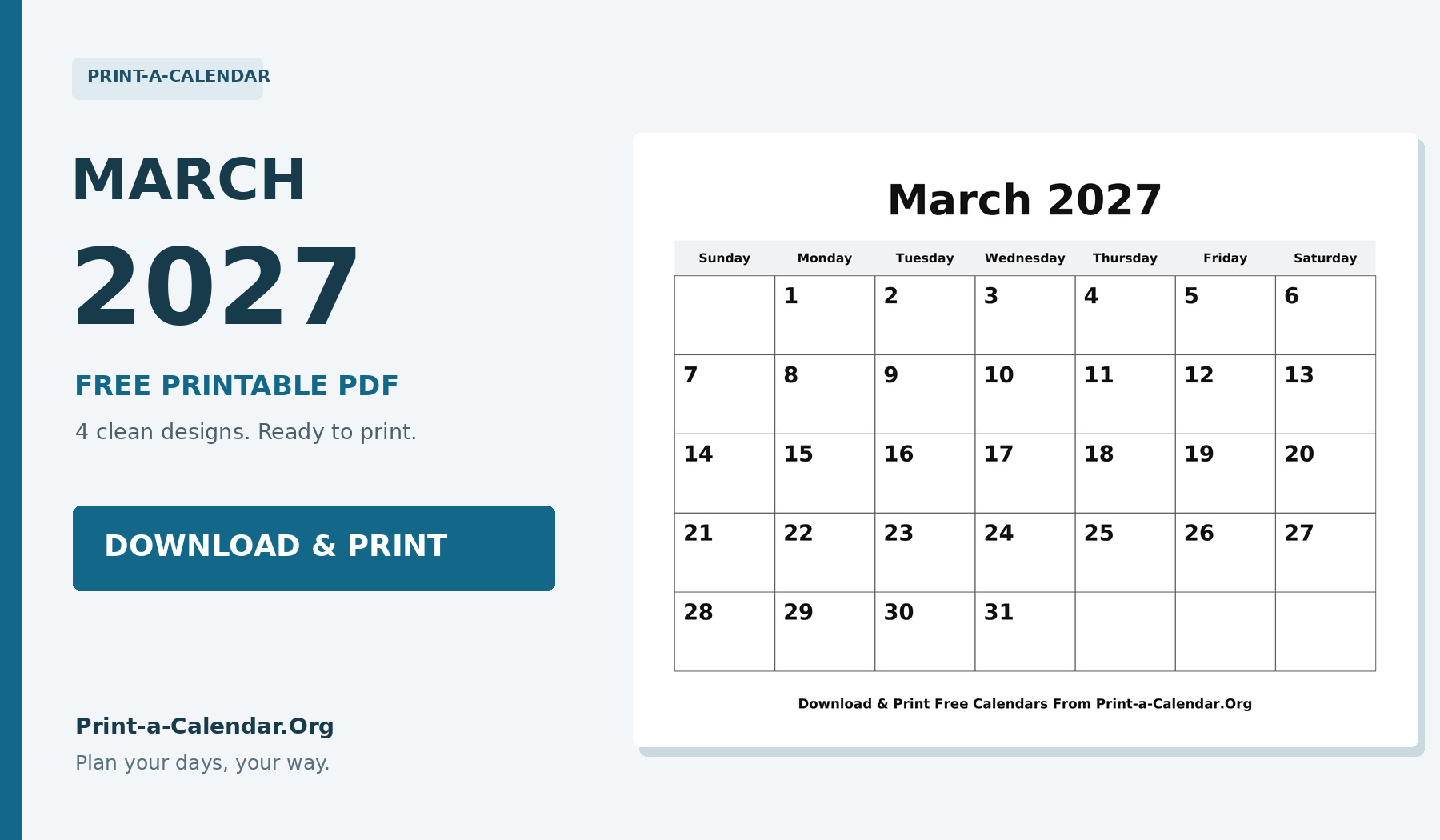 March 2027 printable calendar - Download and Print