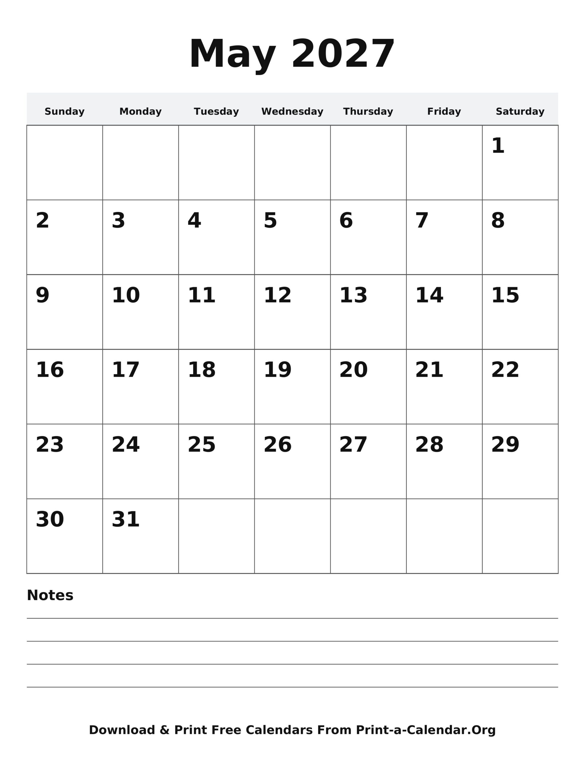 May 2027 calendar printable - blank calendar with notes