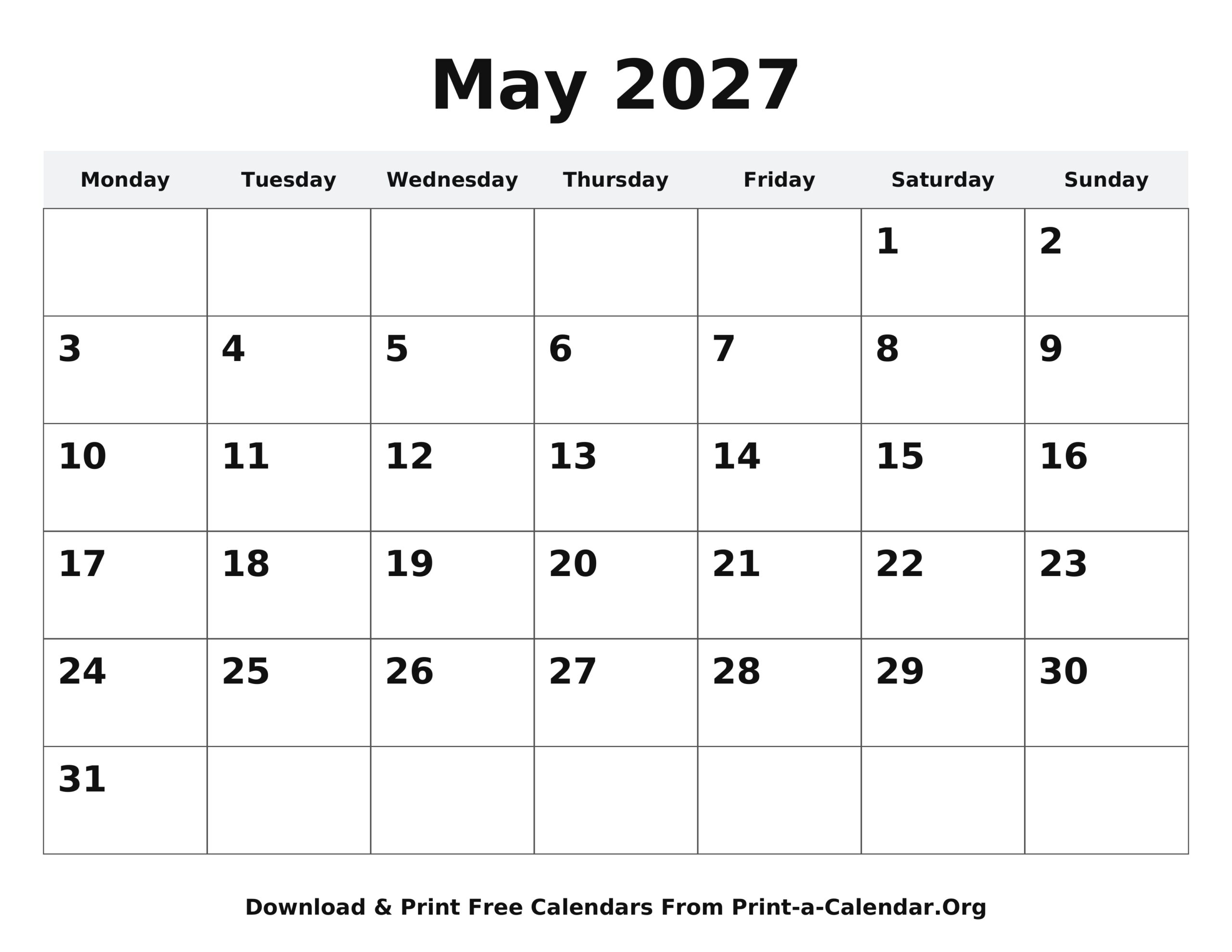 May 2027 calendar printable - Monday start