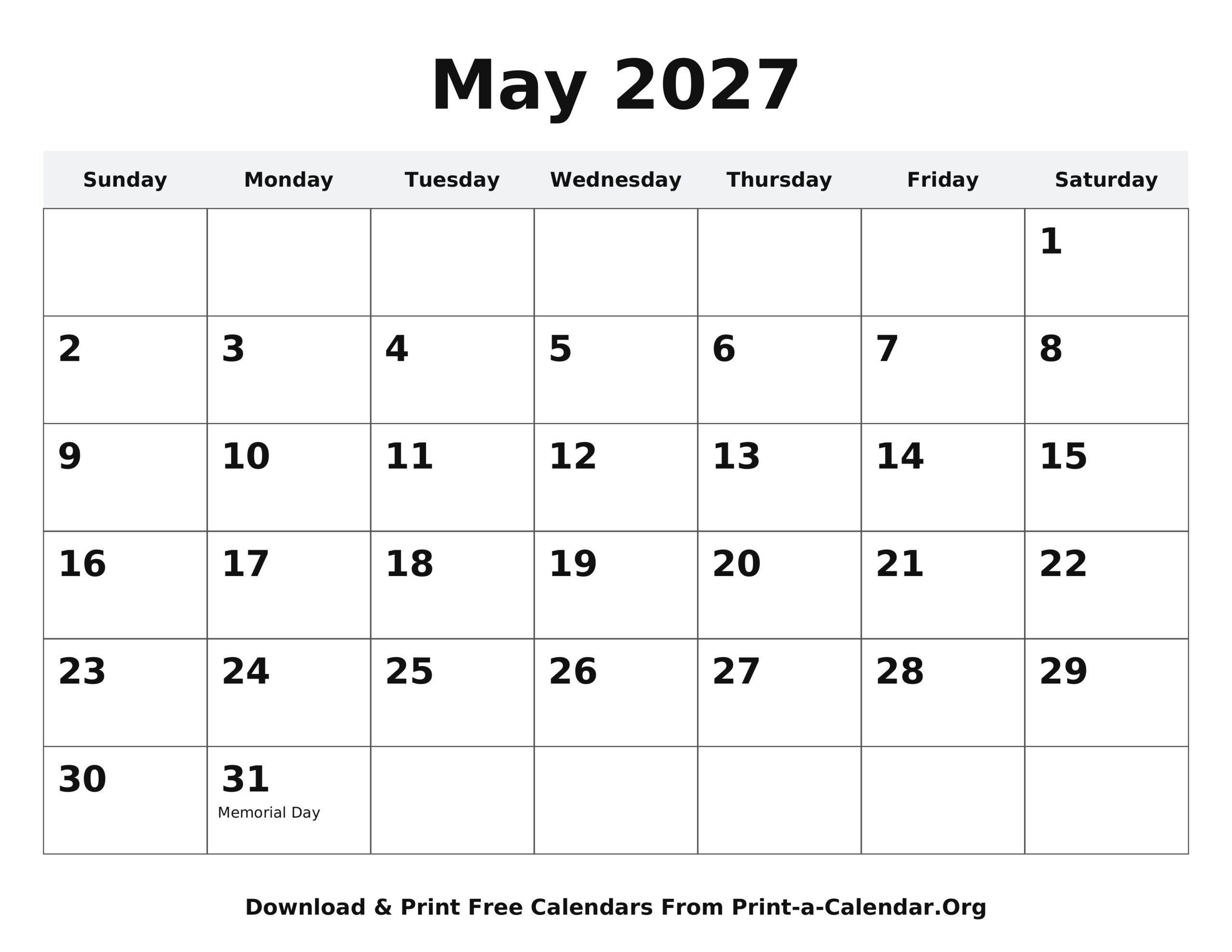 May 2027 calendar printable - U.S. holidays