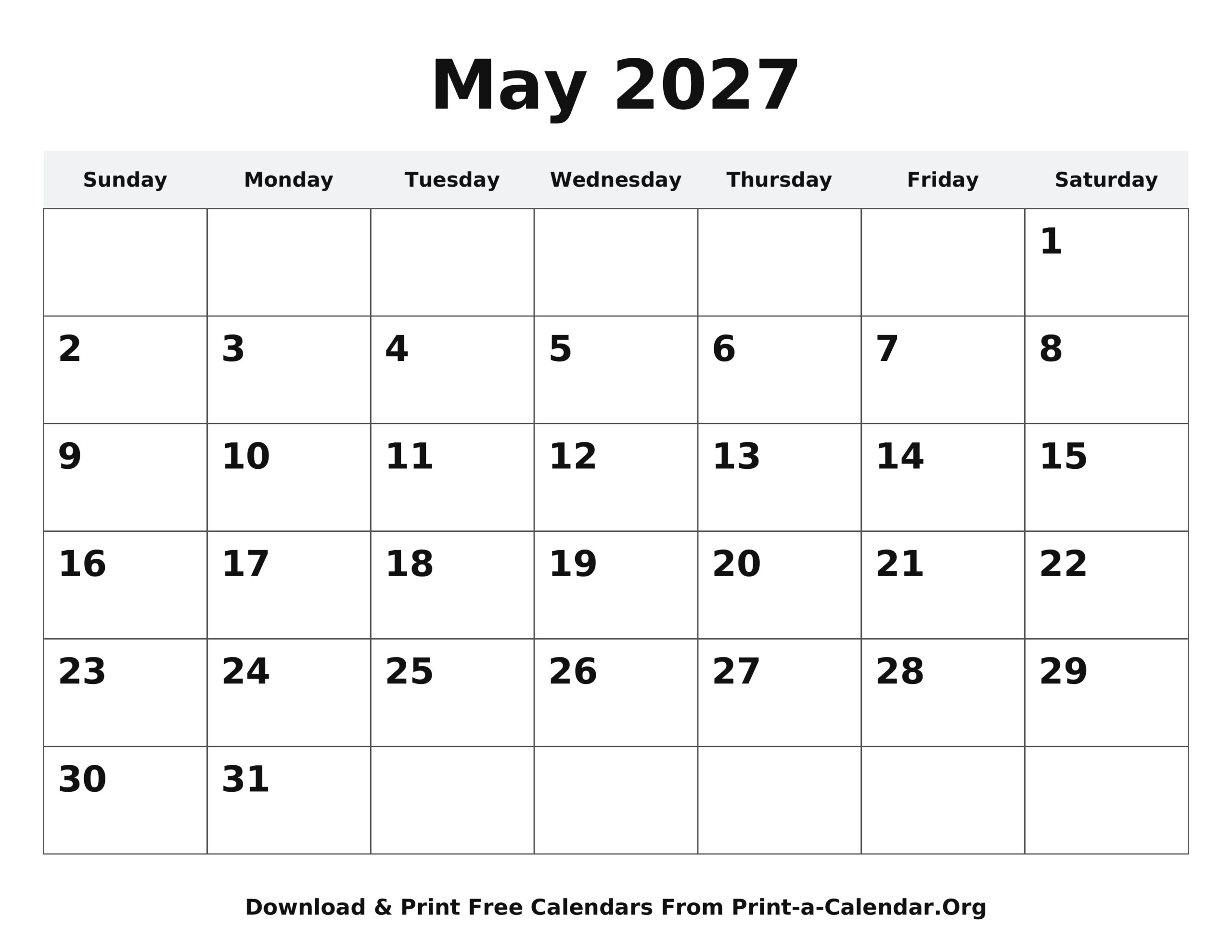 May 2027 calendar printable - simple calendar template