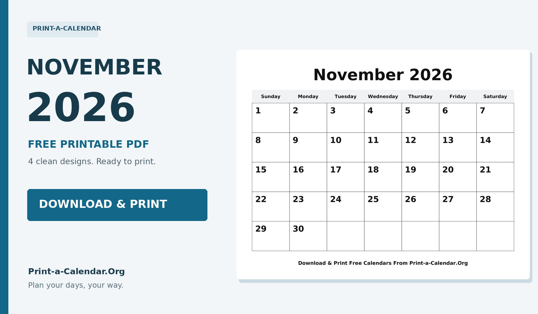 Free November 2026 printable calendar - Download and Print