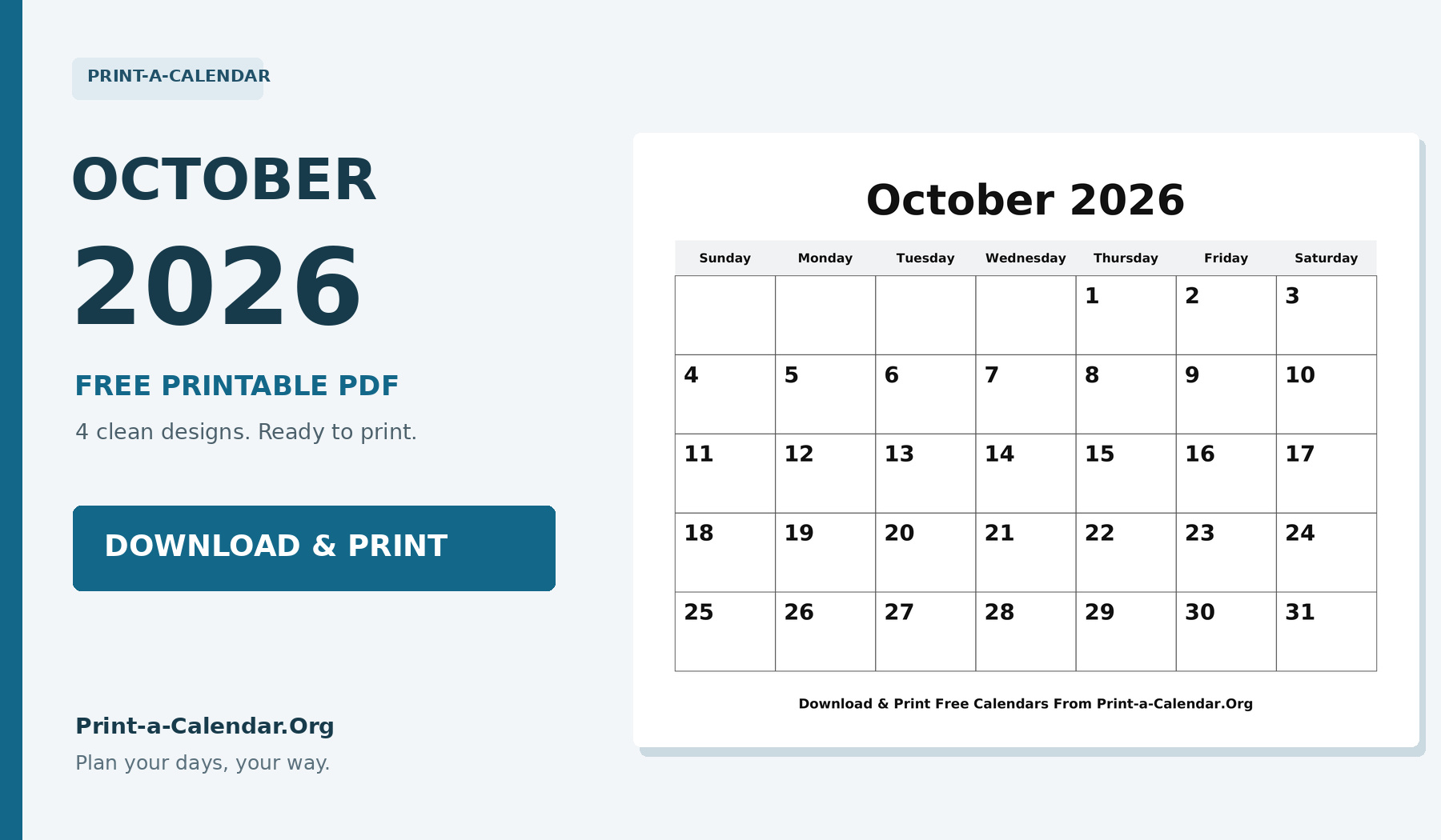 October 2026 Calendar Printable - Download and Print Free PDF