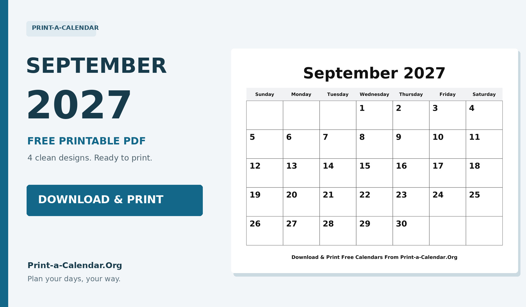 September 2027 Calendar Printable - Download and Print Free PDF